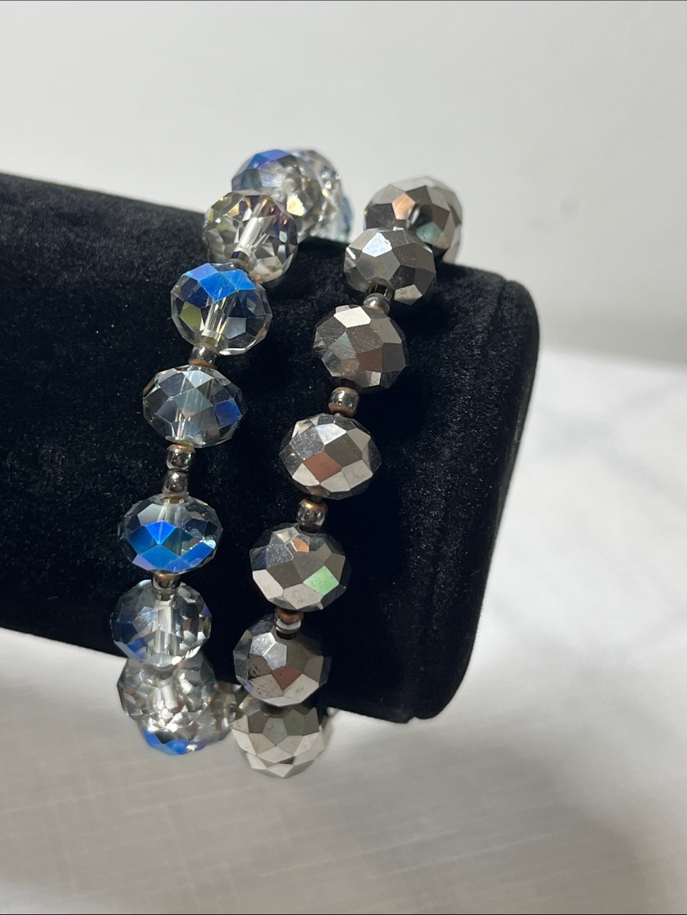 Crystal Faceted Stretch Bracelet Set - Clear and Hematite